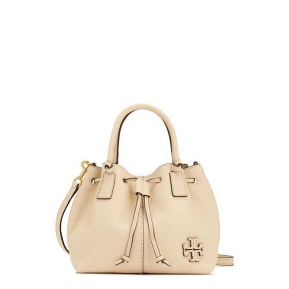 Tory Burch Women's Beige McGraw Dragonfly Drawstring Leather Tote Handbag NWT - Picture 2 of 10